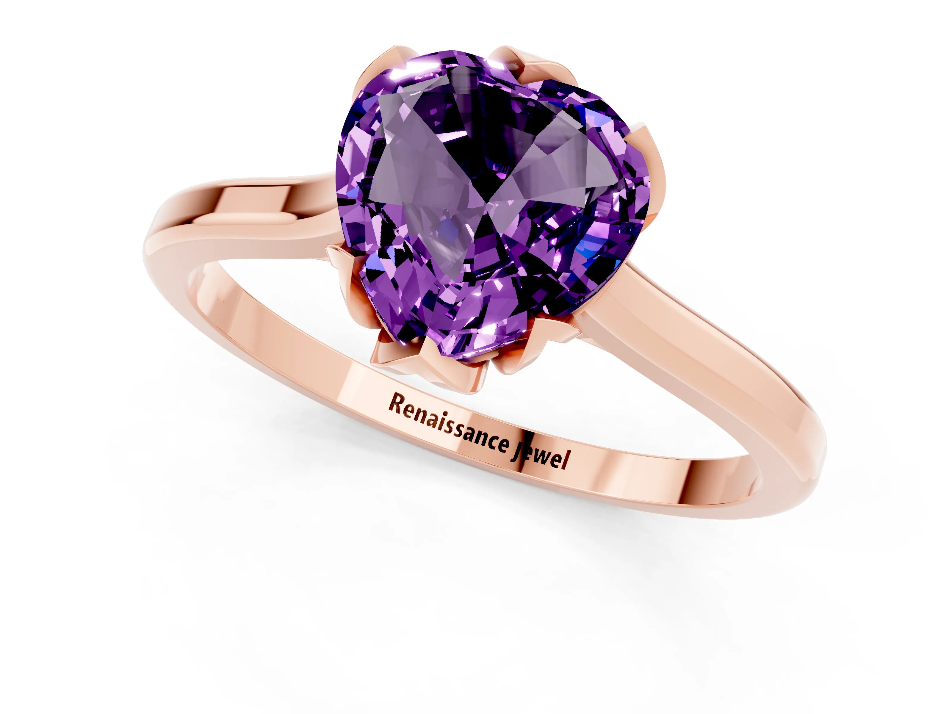 Rose gold Heart Cut Amethyst Solitaire Ring with Flower Prong Setting and Classic Band_13