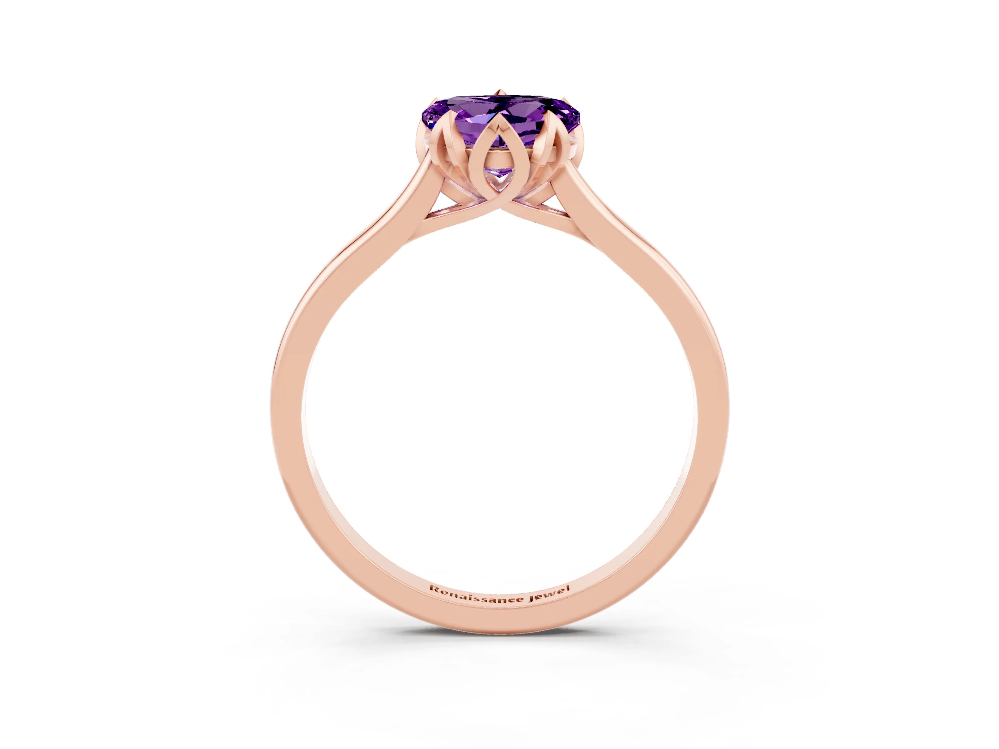 Rose gold Heart Cut Amethyst Solitaire Ring with Flower Prong Setting and Classic Band_15