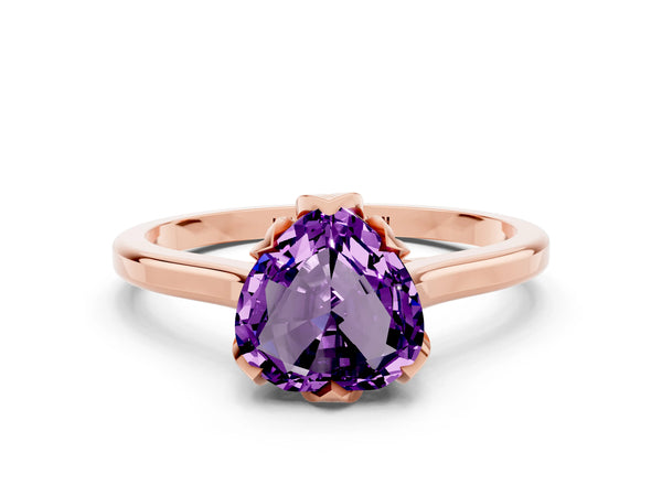 Rose gold Heart Cut Amethyst Solitaire Ring with Flower Prong Setting and Classic Band