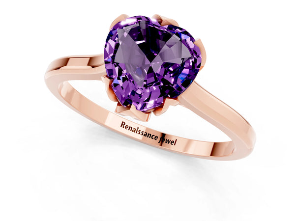 Rose gold Heart Cut Amethyst Solitaire Ring with Flower Prong Setting and Classic Band