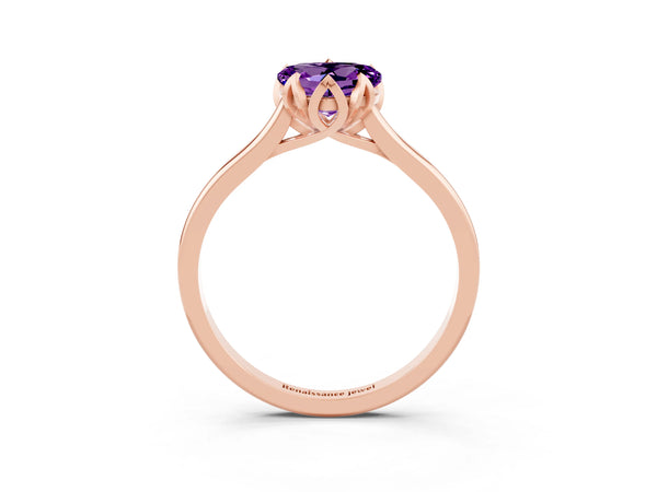 Rose gold Heart Cut Amethyst Solitaire Ring with Flower Prong Setting and Classic Band