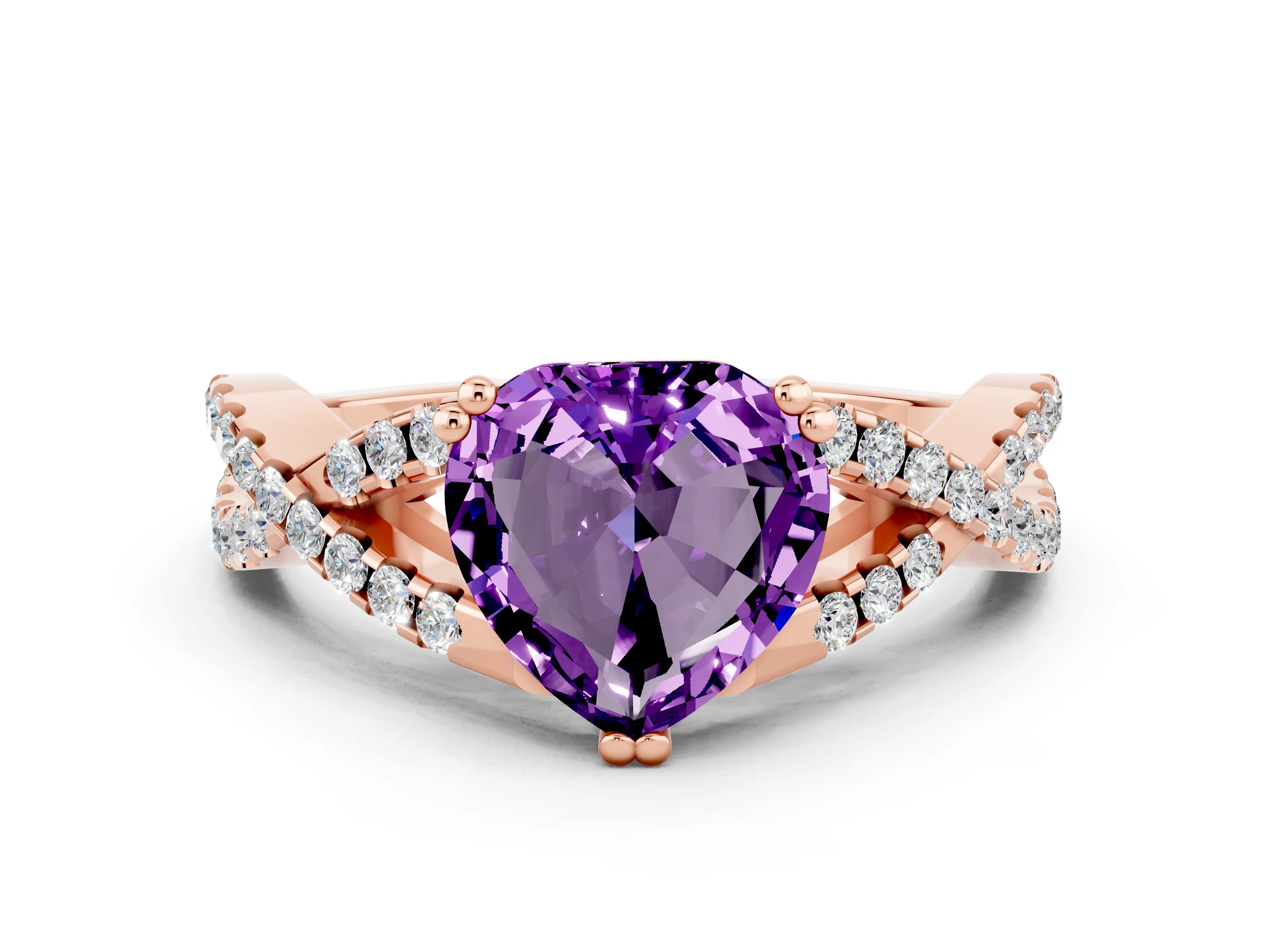 Rose gold Heart Cut Amethyst Solitaire Ring with Four-Prong Setting and Twisted Pavé Band