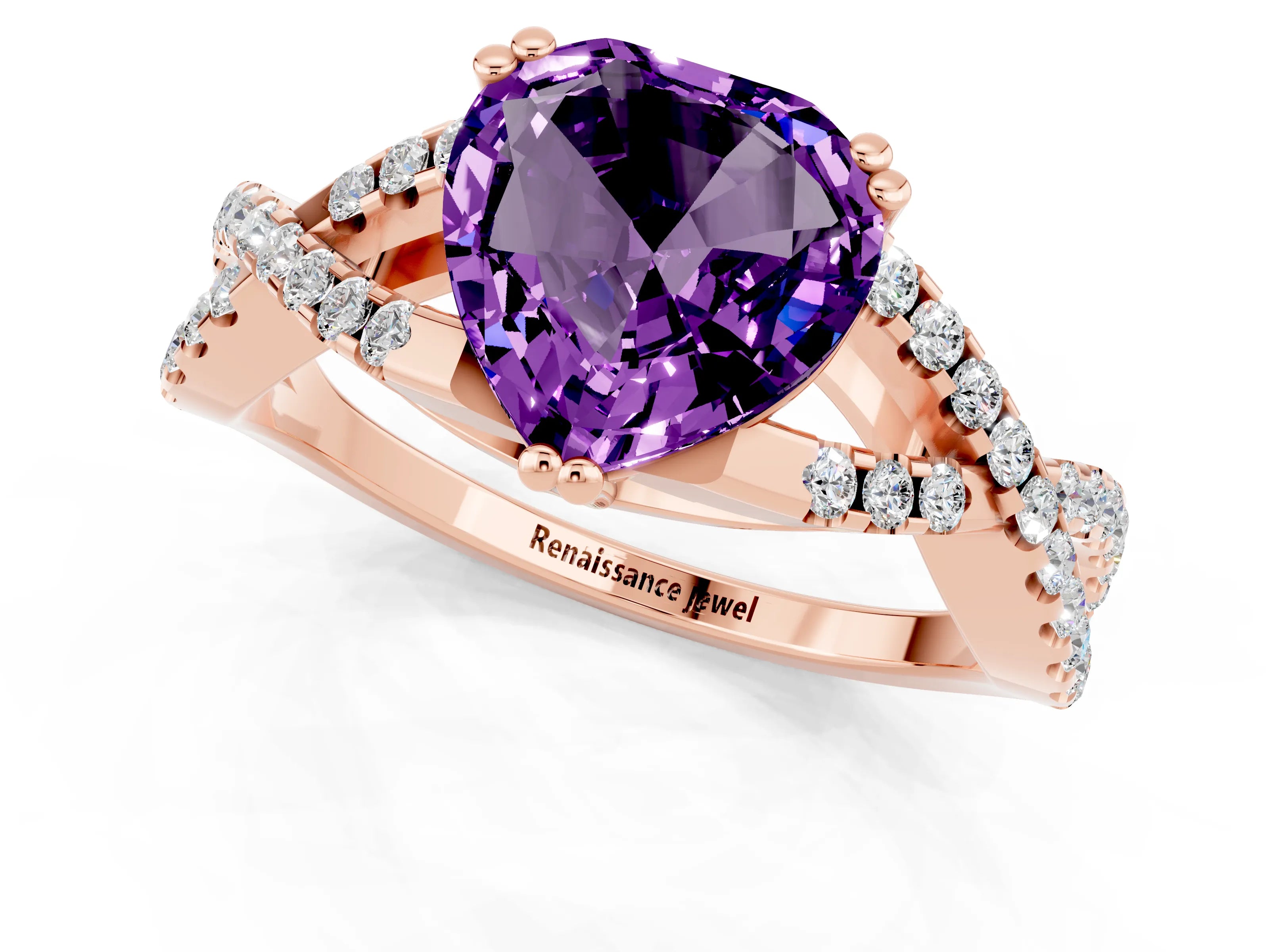 Rose gold Heart Cut Amethyst Solitaire Ring with Four-Prong Setting and Twisted Pavé Band_1