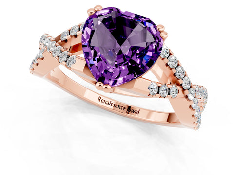 Rose gold Heart Cut Amethyst Solitaire Ring with Four-Prong Setting and Twisted Pavé Band_1