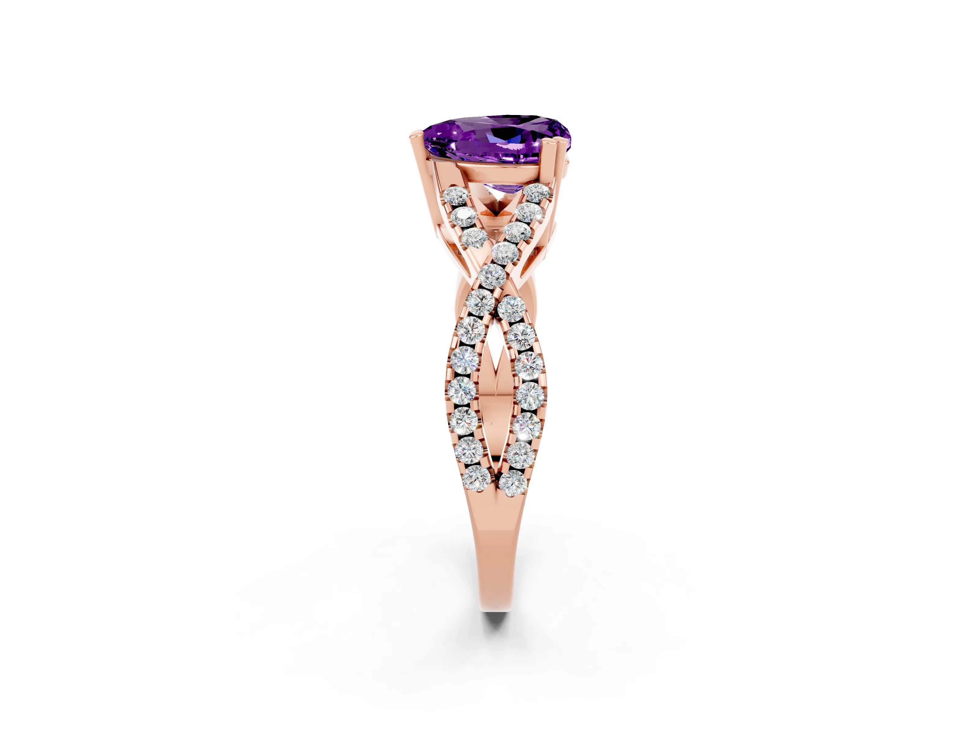 Rose gold Heart Cut Amethyst Solitaire Ring with Four-Prong Setting and Twisted Pavé Band_2