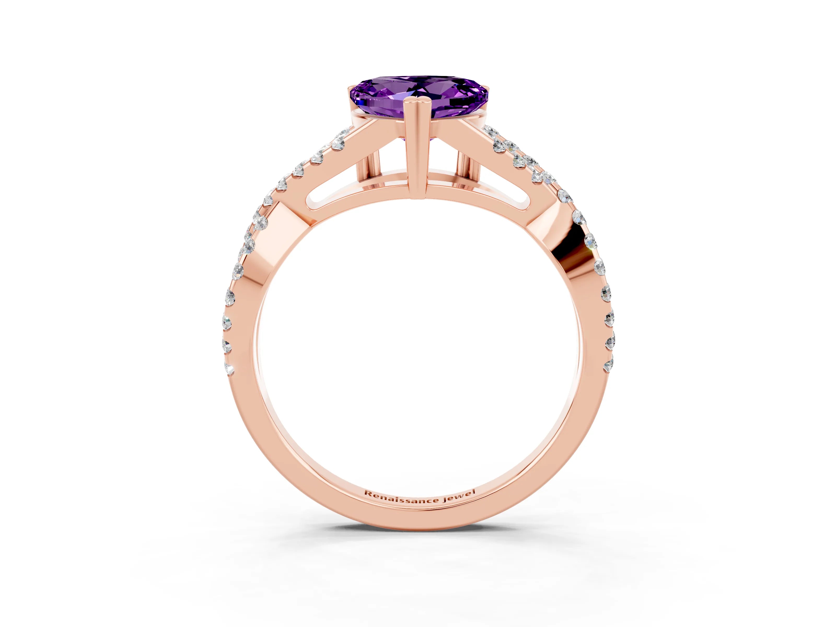 Rose gold Heart Cut Amethyst Solitaire Ring with Four-Prong Setting and Twisted Pavé Band_3