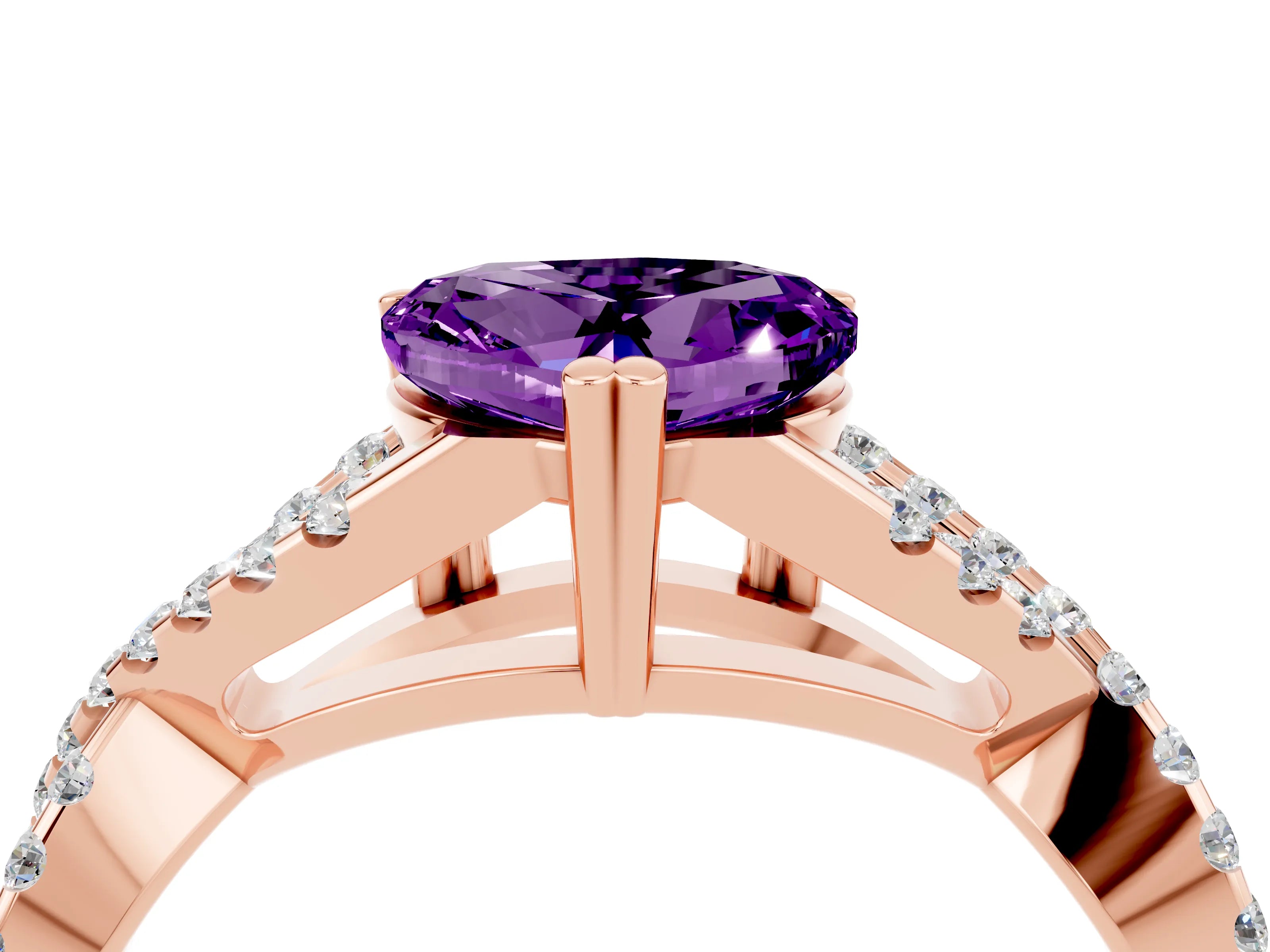 Rose gold Heart Cut Amethyst Solitaire Ring with Four-Prong Setting and Twisted Pavé Band_4