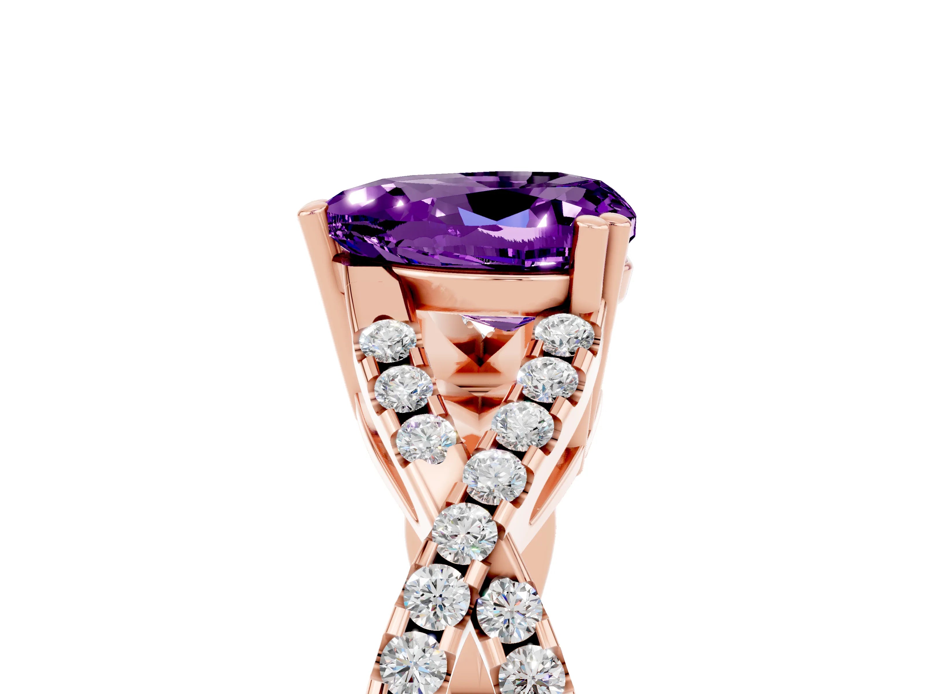 Rose gold Heart Cut Amethyst Solitaire Ring with Four-Prong Setting and Twisted Pavé Band_5