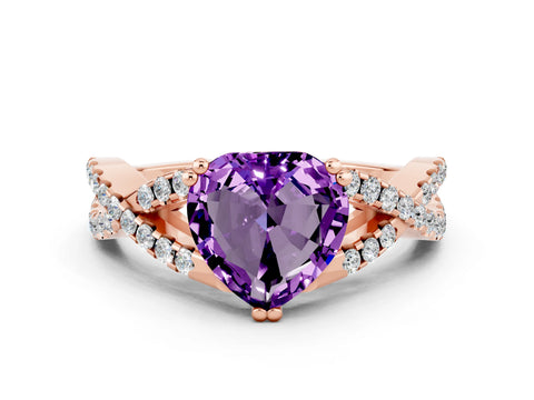 Rose gold Heart Cut Amethyst Solitaire Ring with Four-Prong Setting and Twisted Pavé Band