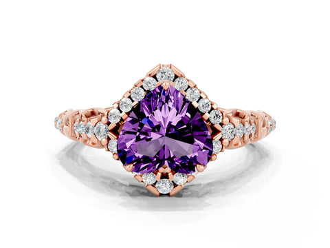 Rose gold Heart Cut Amethyst Solitaire Ring with Hidden Halo and Pavé Band_12