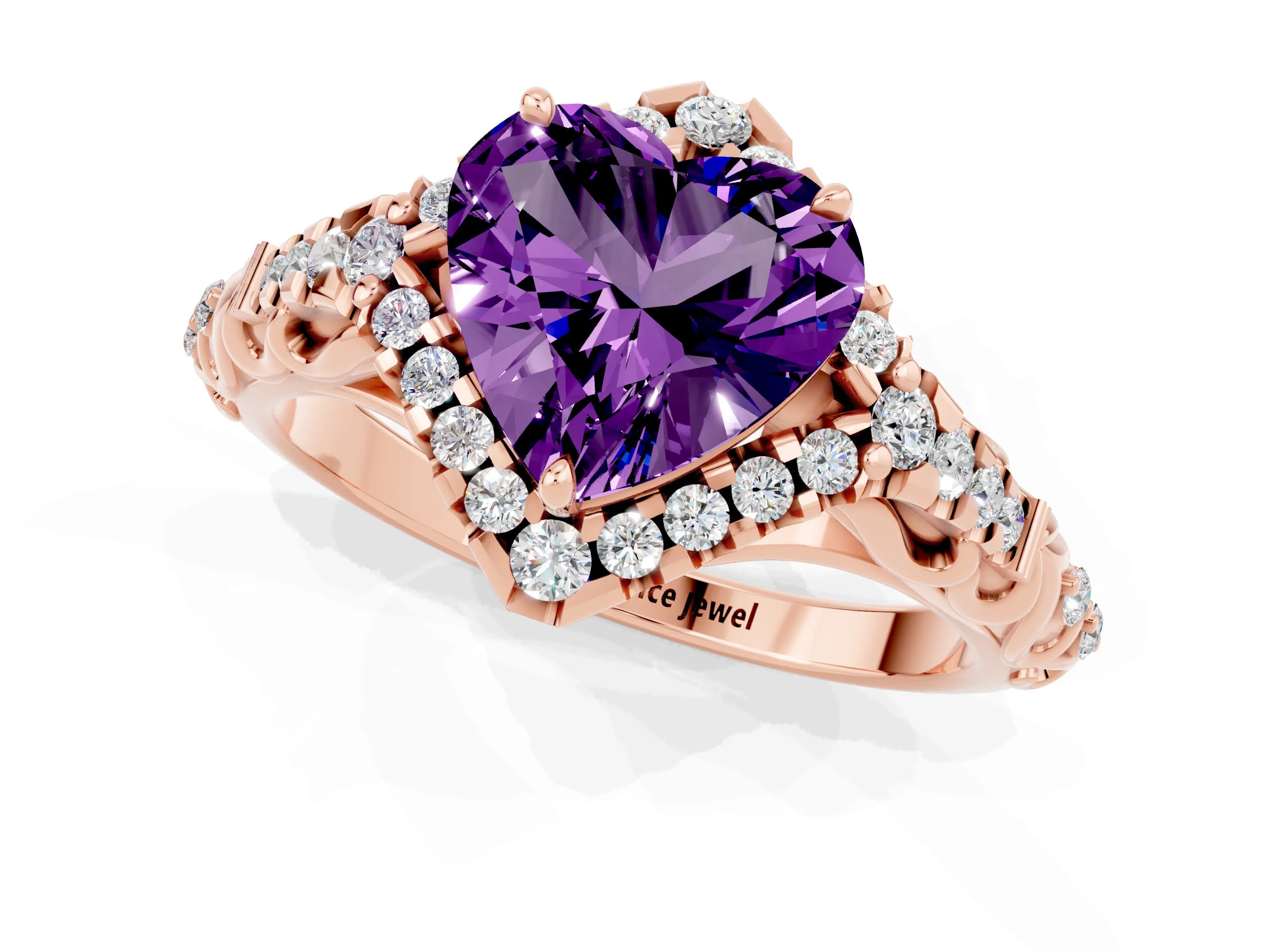 Rose gold Heart Cut Amethyst Solitaire Ring with Hidden Halo and Pavé Band_13