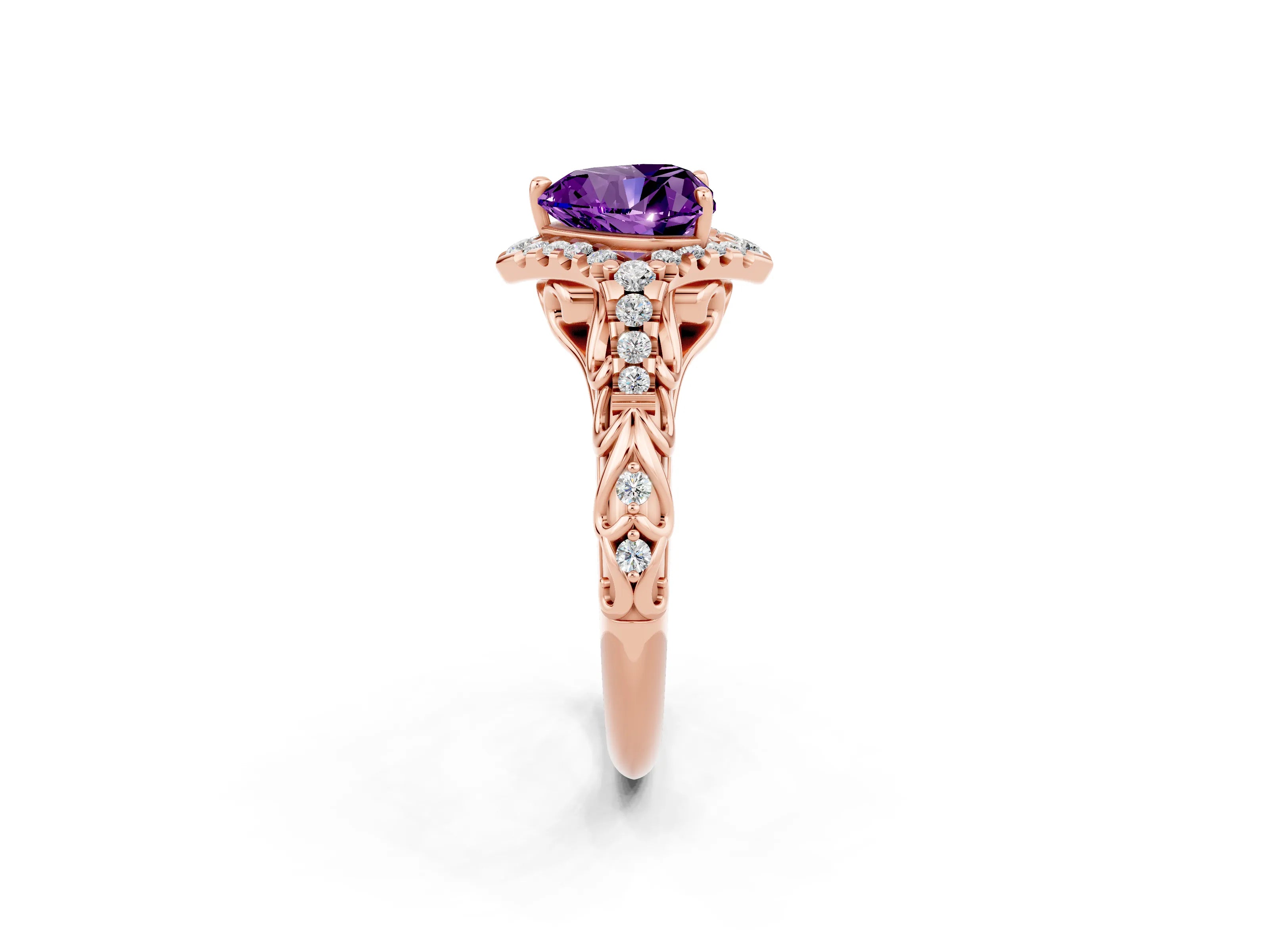 Rose gold Heart Cut Amethyst Solitaire Ring with Hidden Halo and Pavé Band_14