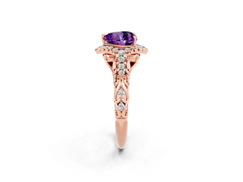 Rose gold Heart Cut Amethyst Solitaire Ring with Hidden Halo and Pavé Band_14