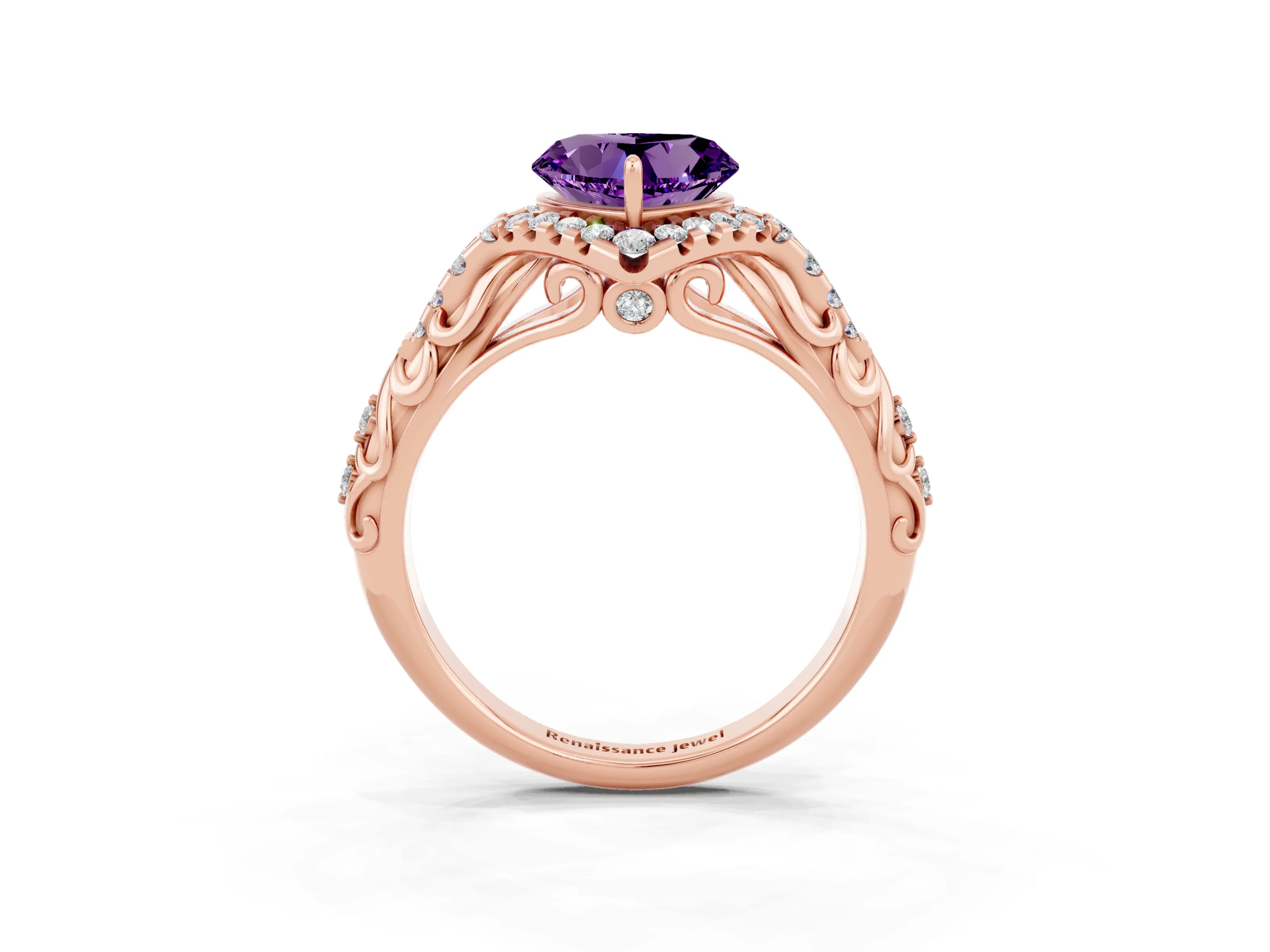 Rose gold Heart Cut Amethyst Solitaire Ring with Hidden Halo and Pavé Band_15
