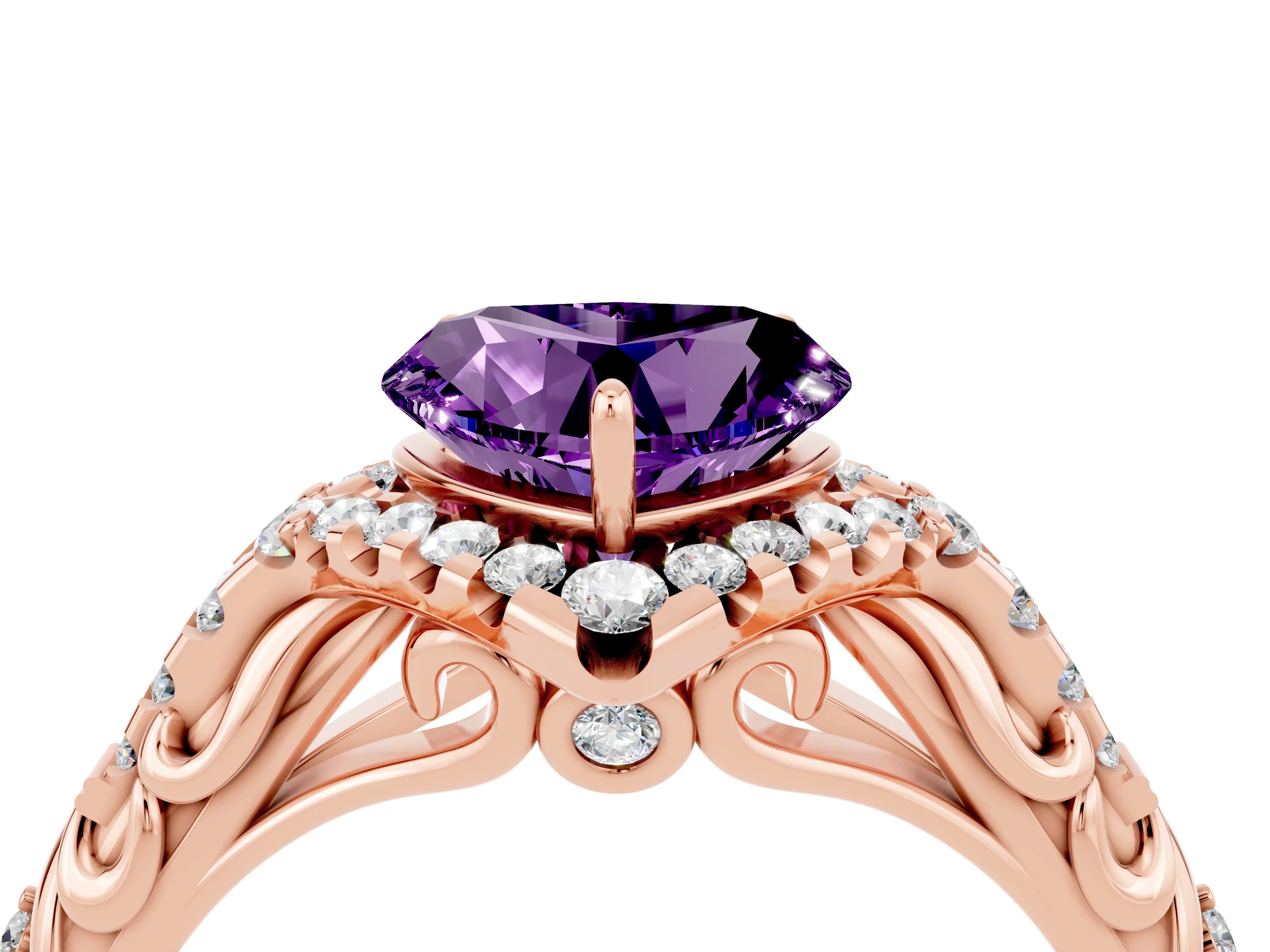 Rose gold Heart Cut Amethyst Solitaire Ring with Hidden Halo and Pavé Band_16