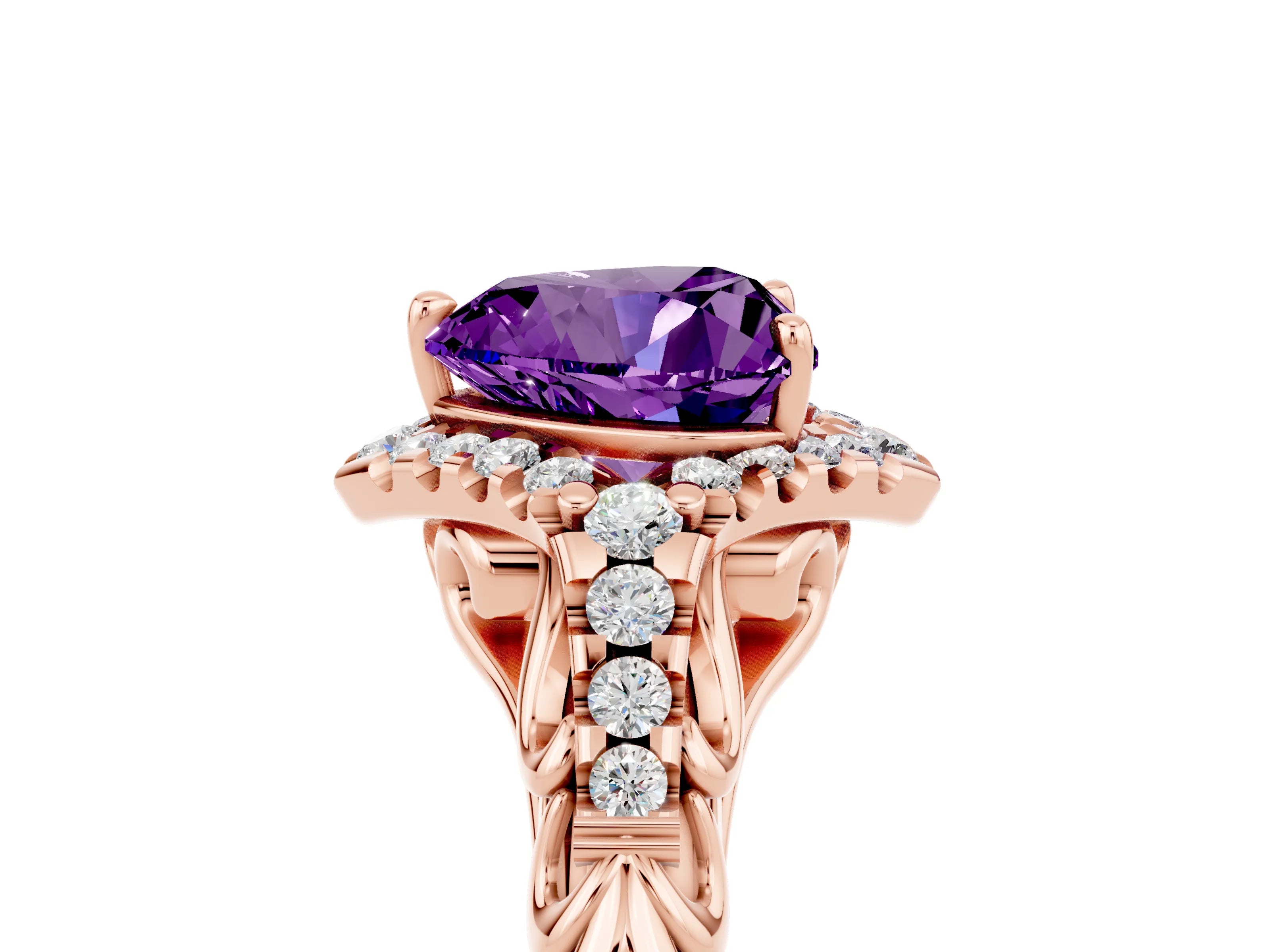 Rose gold Heart Cut Amethyst Solitaire Ring with Hidden Halo and Pavé Band_17