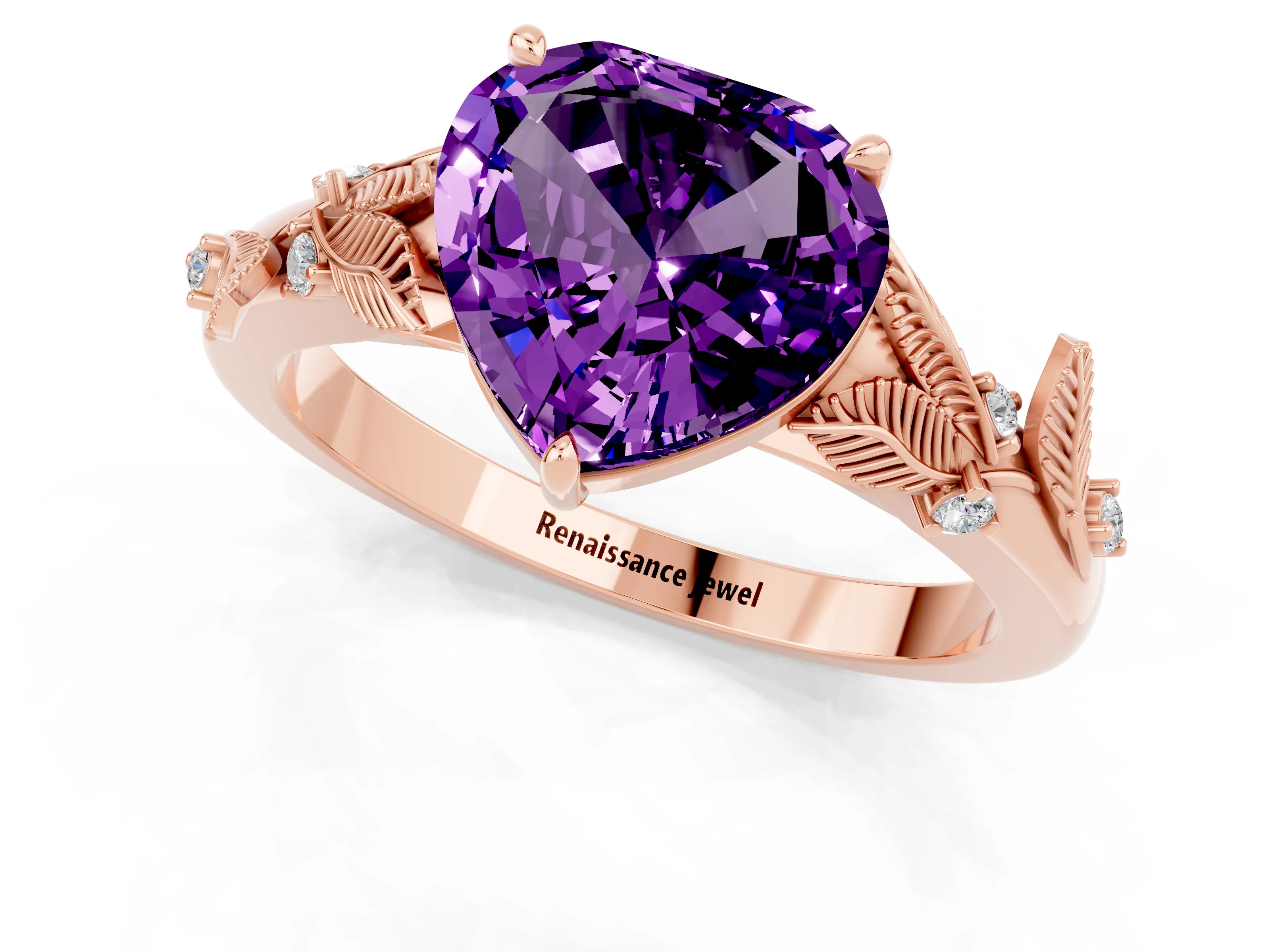 Rose gold Heart Cut Amethyst Solitaire Ring with Leaf Motif Band and Four-Prong Setting_1