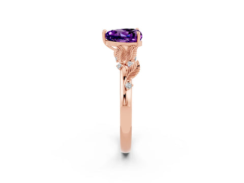Rose gold Heart Cut Amethyst Solitaire Ring with Leaf Motif Band and Four-Prong Setting_2