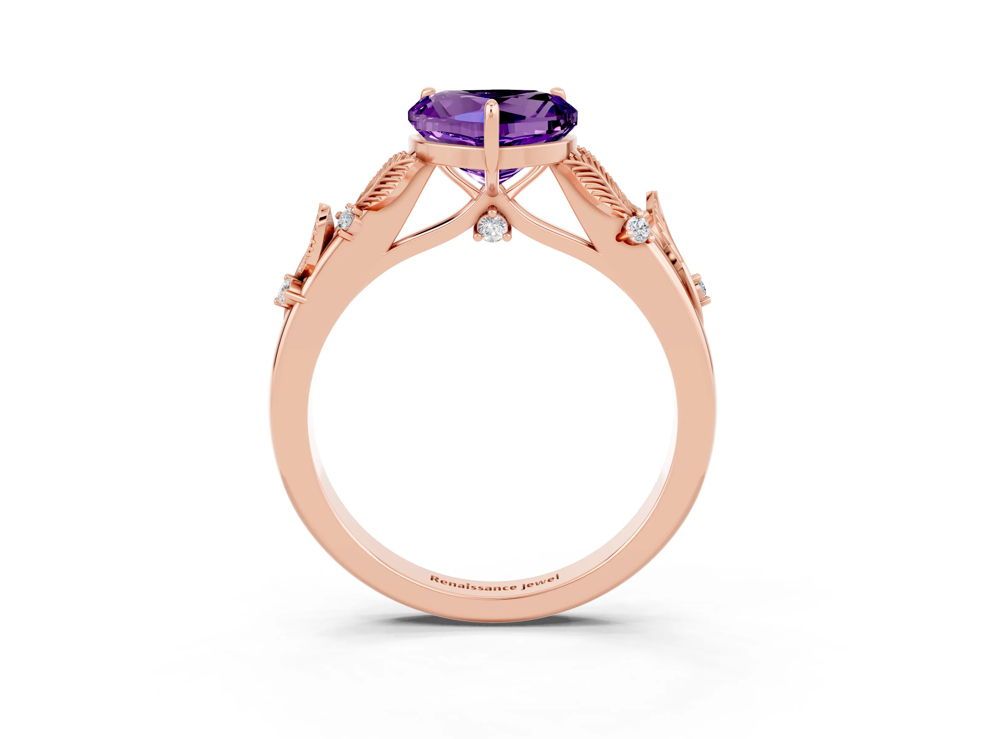 Rose gold Heart Cut Amethyst Solitaire Ring with Leaf Motif Band and Four-Prong Setting_3