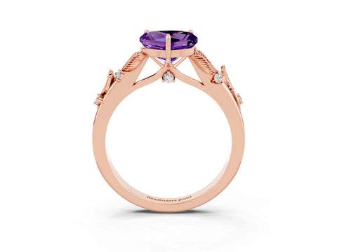 Rose gold Heart Cut Amethyst Solitaire Ring with Leaf Motif Band and Four-Prong Setting_3