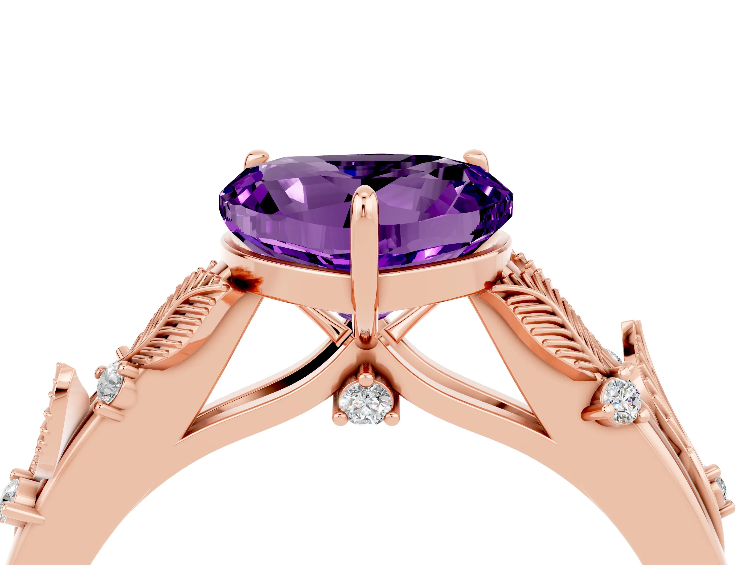 Rose gold Heart Cut Amethyst Solitaire Ring with Leaf Motif Band and Four-Prong Setting_4