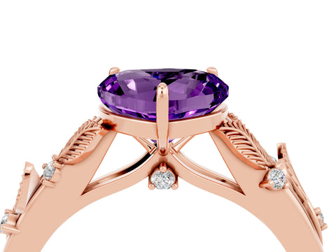Rose gold Heart Cut Amethyst Solitaire Ring with Leaf Motif Band and Four-Prong Setting_4