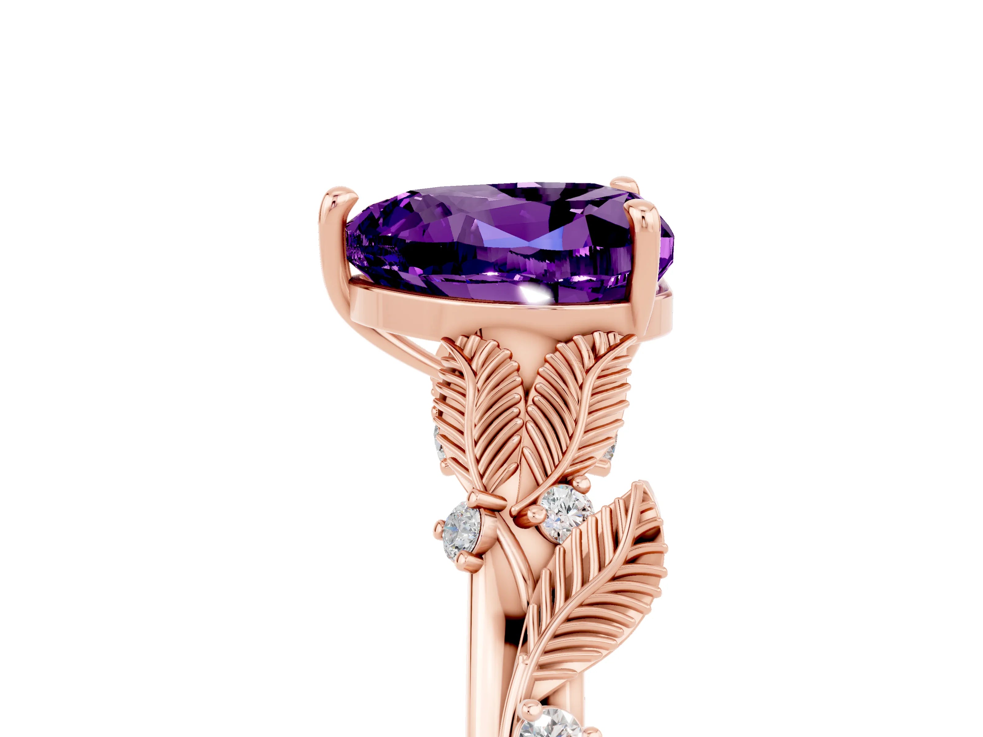 Rose gold Heart Cut Amethyst Solitaire Ring with Leaf Motif Band and Four-Prong Setting_5