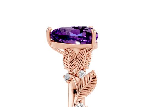 Rose gold Heart Cut Amethyst Solitaire Ring with Leaf Motif Band and Four-Prong Setting_5