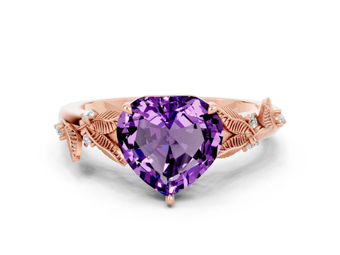 Rose gold Heart Cut Amethyst Solitaire Ring with Leaf Motif Band and Four-Prong Setting