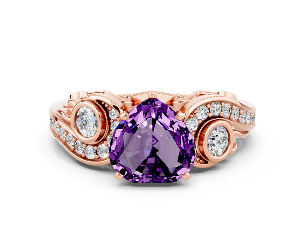 Rose gold Heart Cut Amethyst Solitaire Ring with Milgrain Pavé Band and Four-Prong Setting