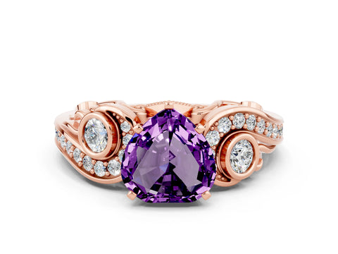 Rose gold Heart Cut Amethyst Solitaire Ring with Milgrain Pavé Band and Four-Prong Setting_24