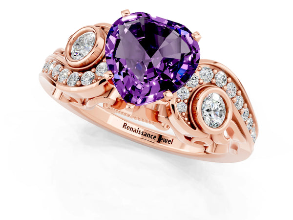 Rose gold Heart Cut Amethyst Solitaire Ring with Milgrain Pavé Band and Four-Prong Setting