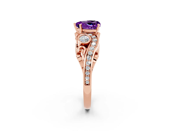 Rose gold Heart Cut Amethyst Solitaire Ring with Milgrain Pavé Band and Four-Prong Setting