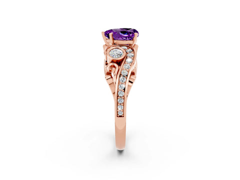 Rose gold Heart Cut Amethyst Solitaire Ring with Milgrain Pavé Band and Four-Prong Setting_26