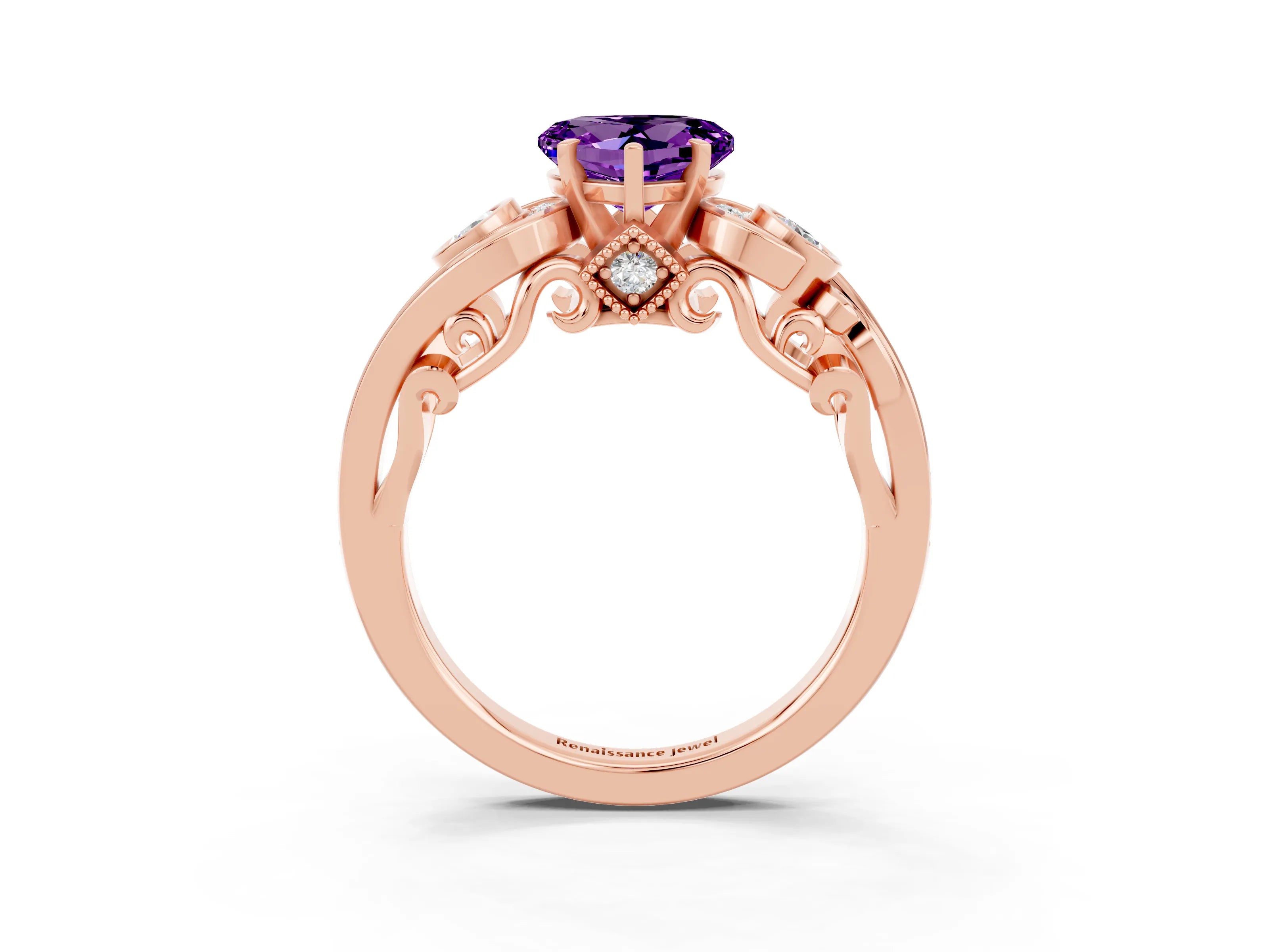 Rose gold Heart Cut Amethyst Solitaire Ring with Milgrain Pavé Band and Four-Prong Setting_27