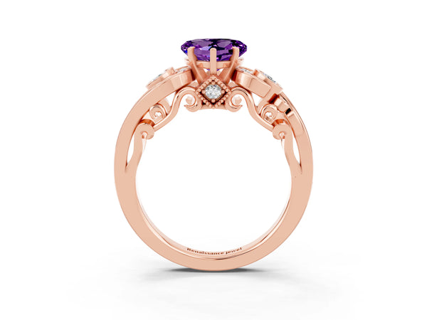 Rose gold Heart Cut Amethyst Solitaire Ring with Milgrain Pavé Band and Four-Prong Setting