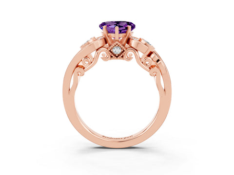 Rose gold Heart Cut Amethyst Solitaire Ring with Milgrain Pavé Band and Four-Prong Setting_27