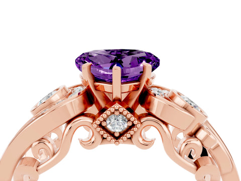 Rose gold Heart Cut Amethyst Solitaire Ring with Milgrain Pavé Band and Four-Prong Setting_28