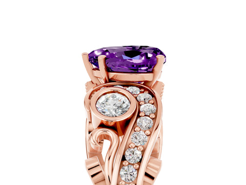 Rose gold Heart Cut Amethyst Solitaire Ring with Milgrain Pavé Band and Four-Prong Setting_29