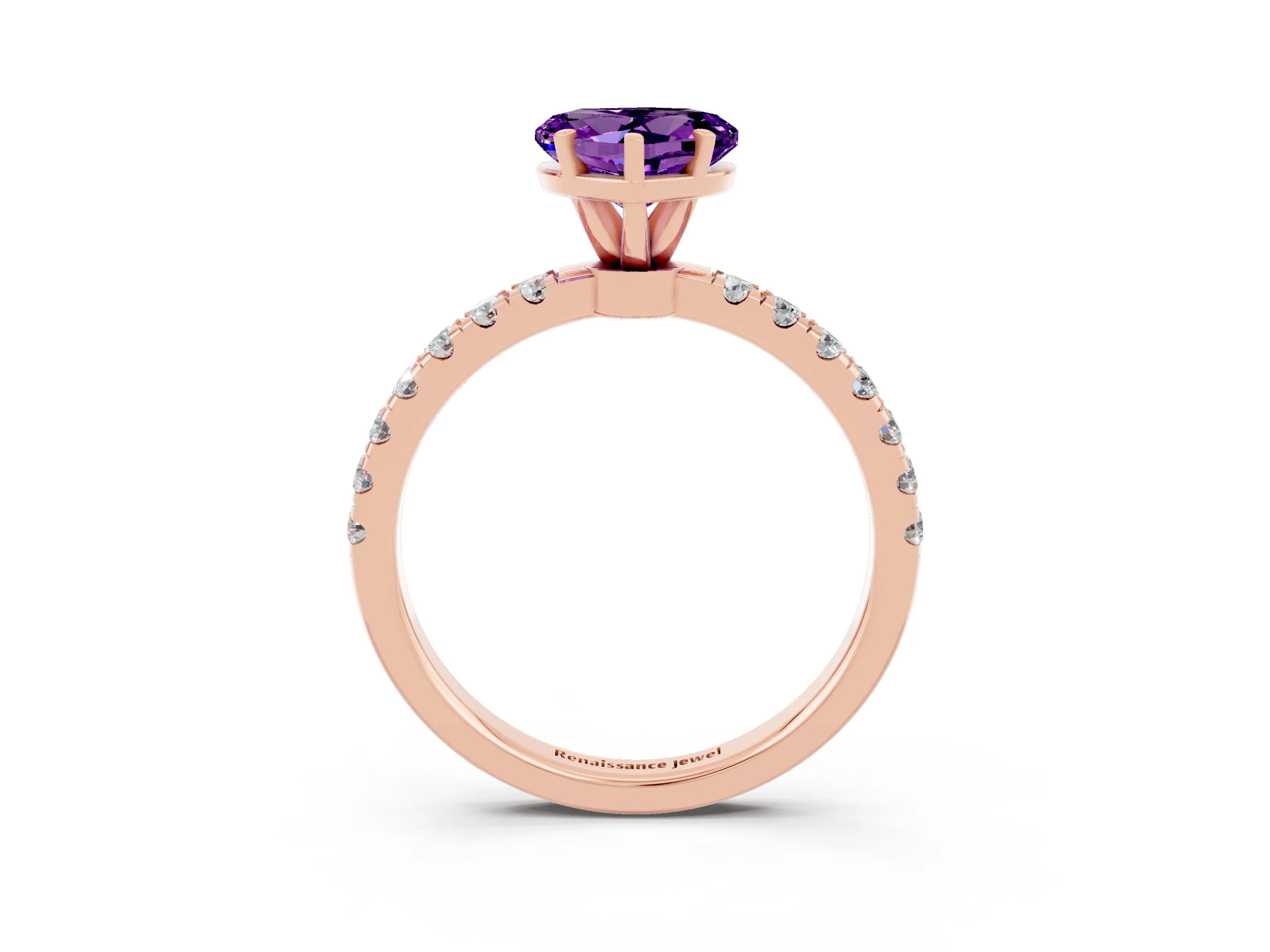 Rose gold Heart Cut Amethyst Solitaire Ring with Pavé Accents and Four-Prong Setting_3
