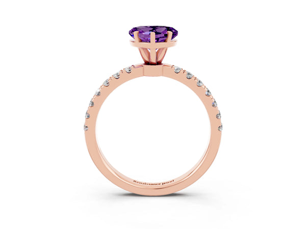Rose gold Heart Cut Amethyst Solitaire Ring with Pavé Accents and Four-Prong Setting