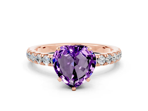 Rose gold Heart Cut Amethyst Solitaire Ring with Pavé Accents and Four-Prong Setting