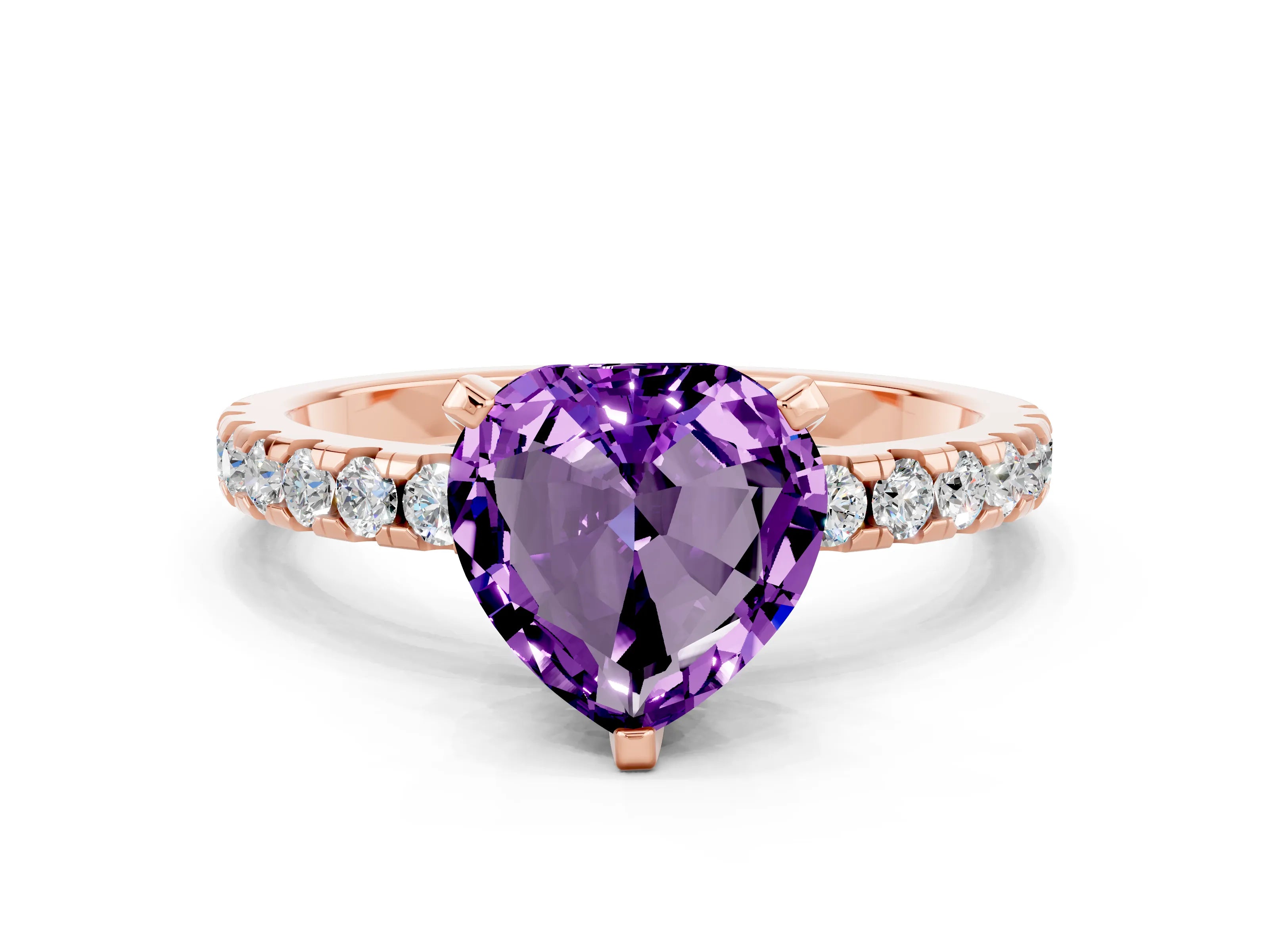 Rose gold Heart Cut Amethyst Solitaire Ring with Pavé Band and Four-Prong Setting_12