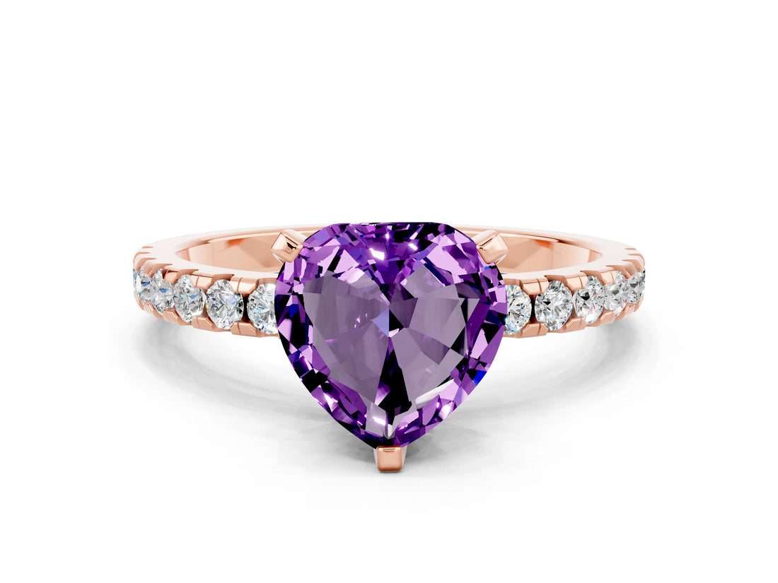 Rose gold Heart Cut Amethyst Solitaire Ring with Pavé Band and Four-Prong Setting_12