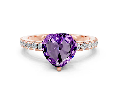 Rose gold Heart Cut Amethyst Solitaire Ring with Pavé Band and Four-Prong Setting_12