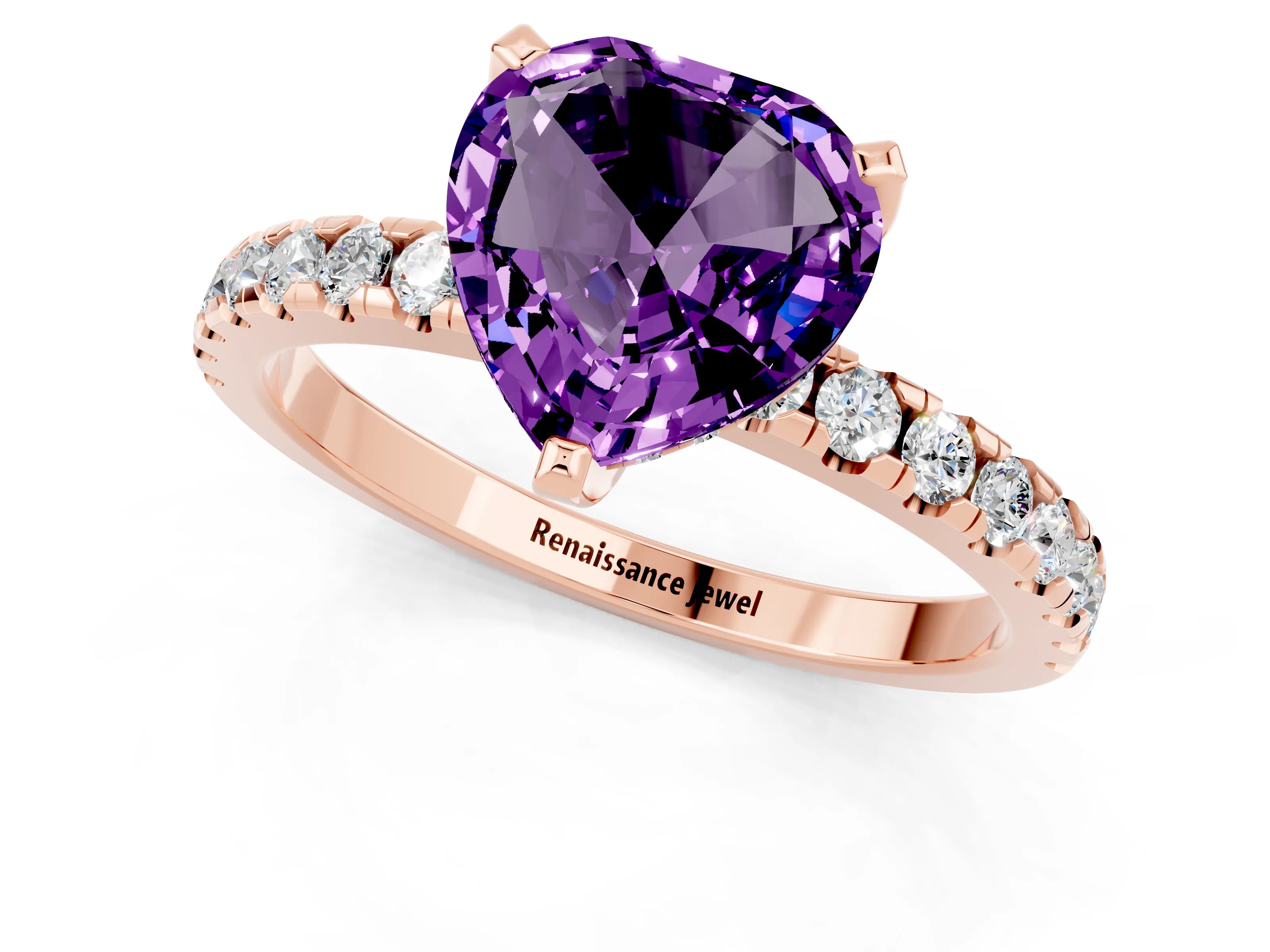 Rose gold Heart Cut Amethyst Solitaire Ring with Pavé Band and Four-Prong Setting_13
