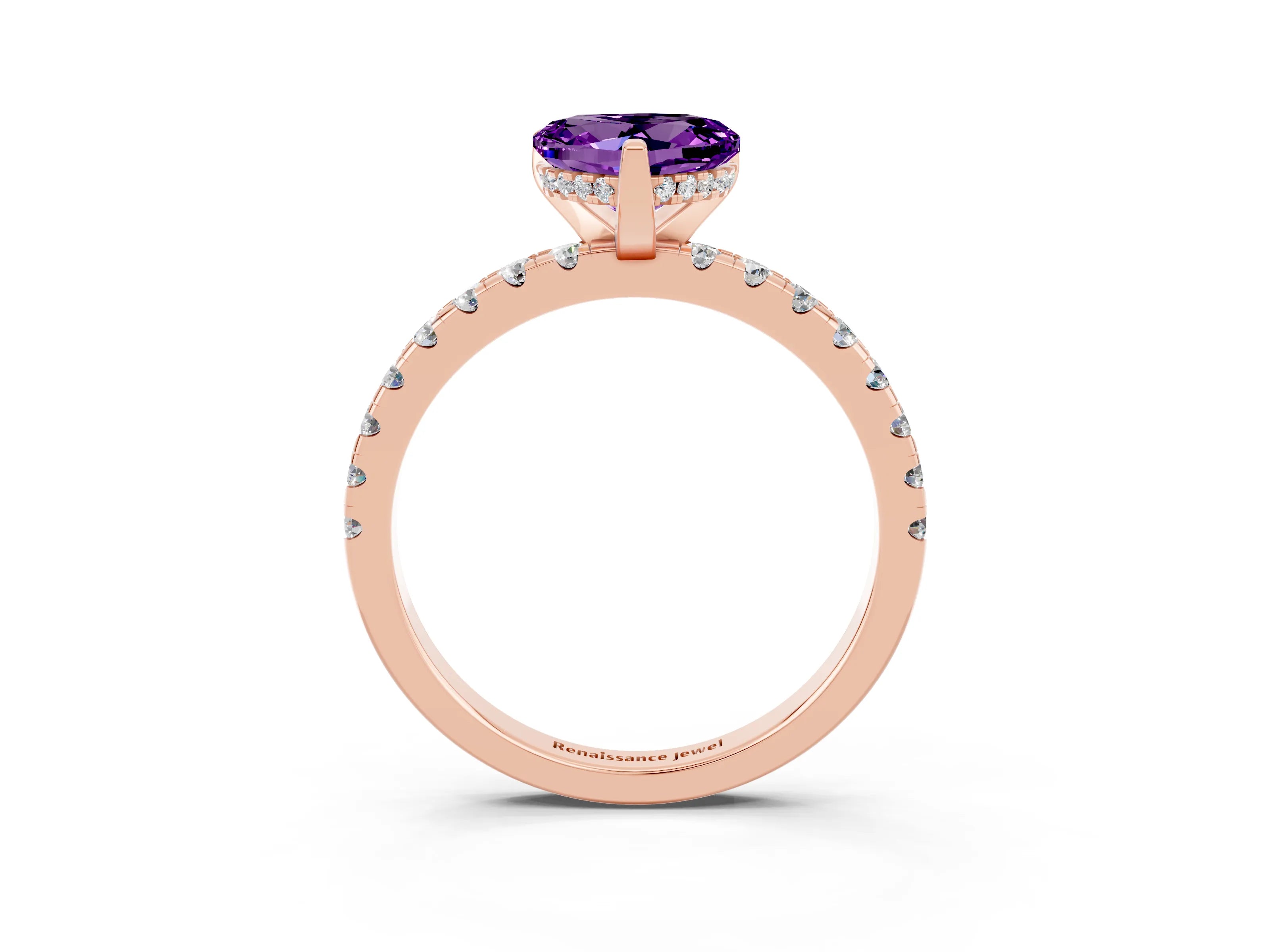 Rose gold Heart Cut Amethyst Solitaire Ring with Pavé Band and Four-Prong Setting_15