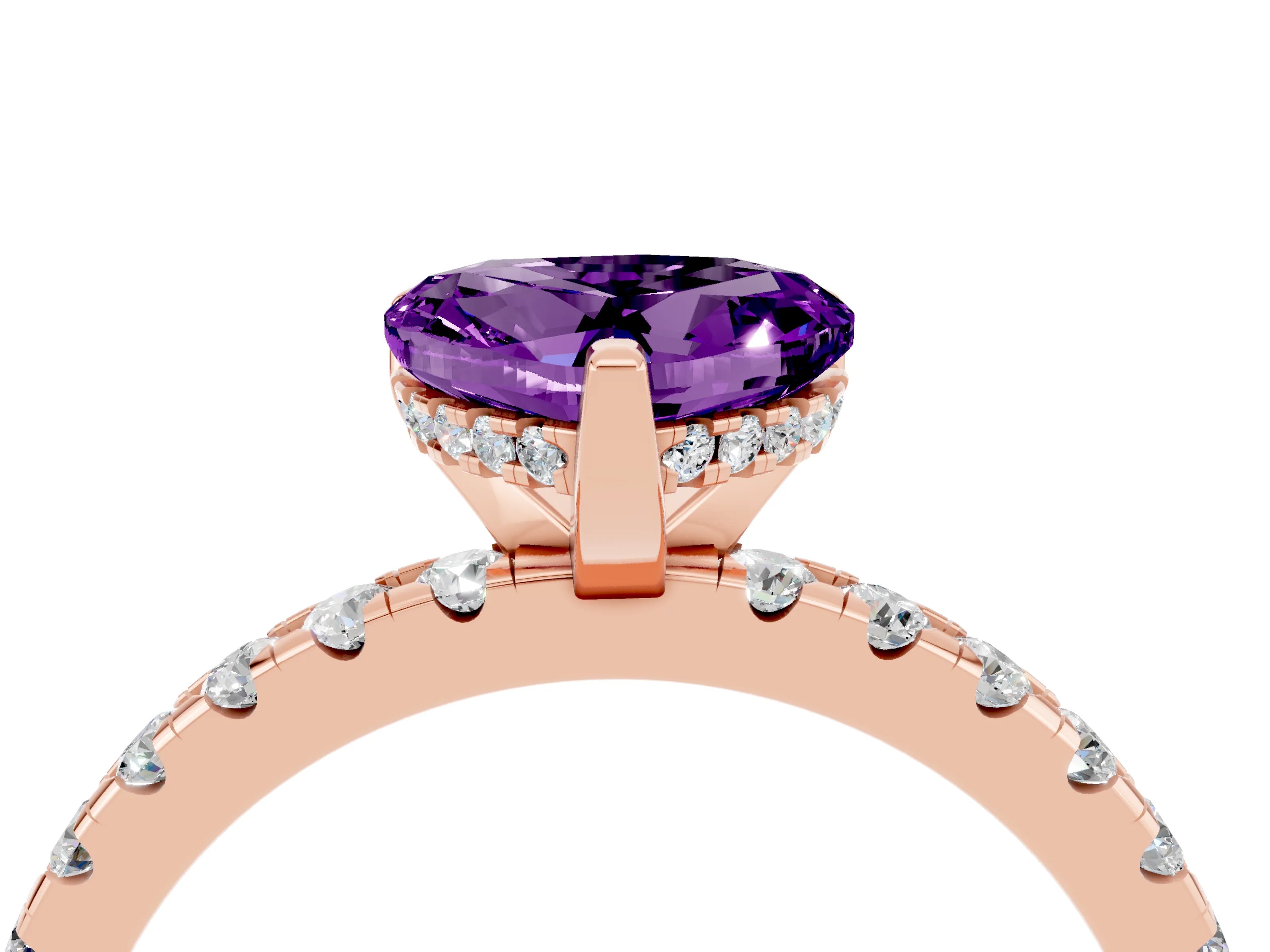 Rose gold Heart Cut Amethyst Solitaire Ring with Pavé Band and Four-Prong Setting_16