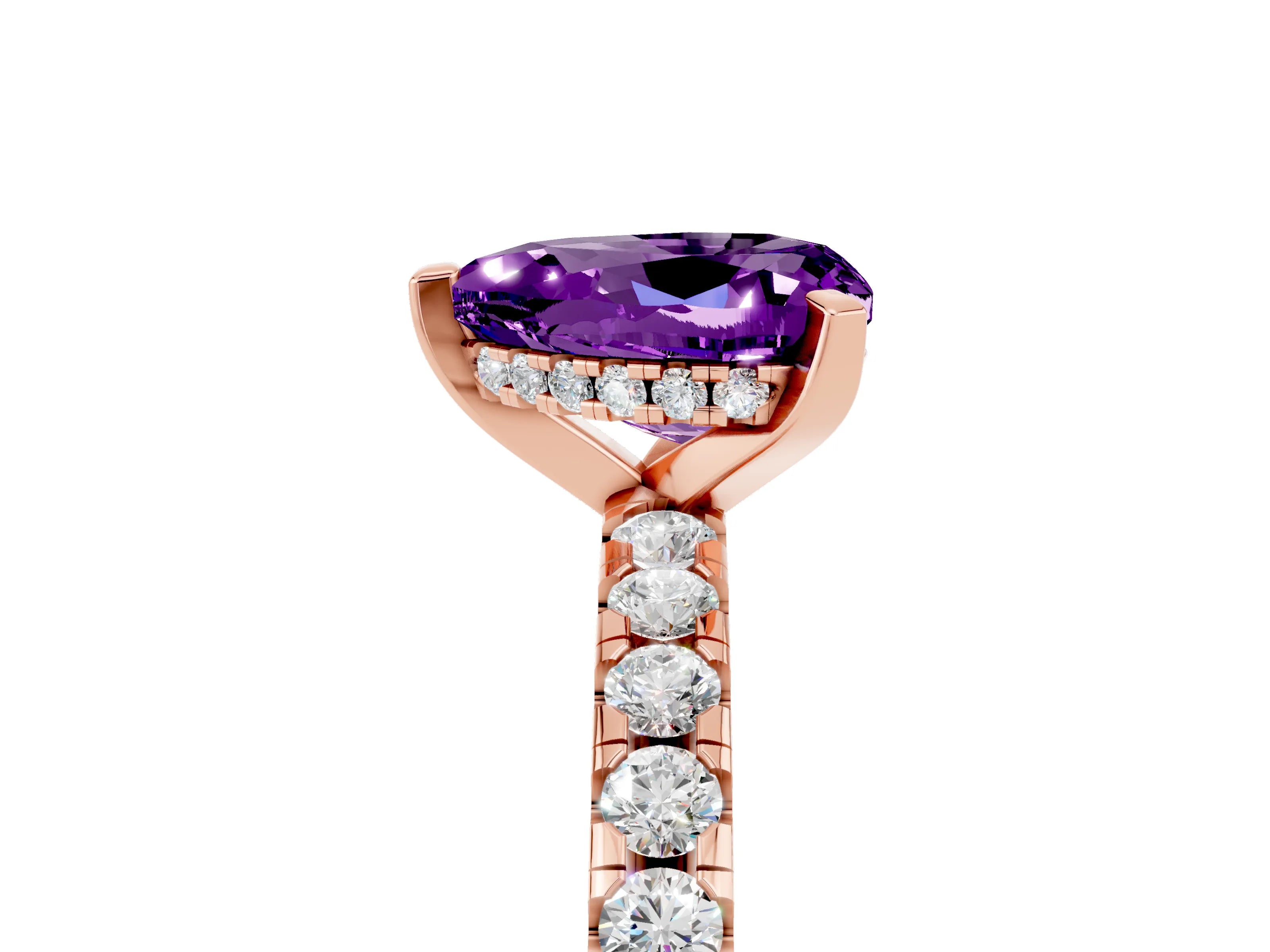 Rose gold Heart Cut Amethyst Solitaire Ring with Pavé Band and Four-Prong Setting_17