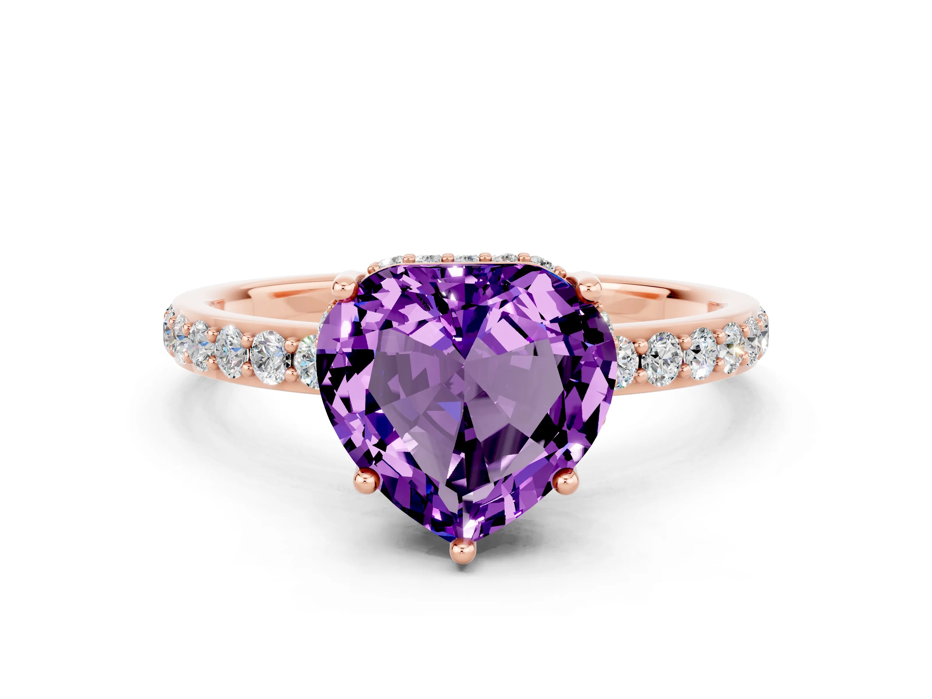 Rose gold Heart Cut Amethyst Solitaire Ring with Pavé Band and Hidden Halo_12